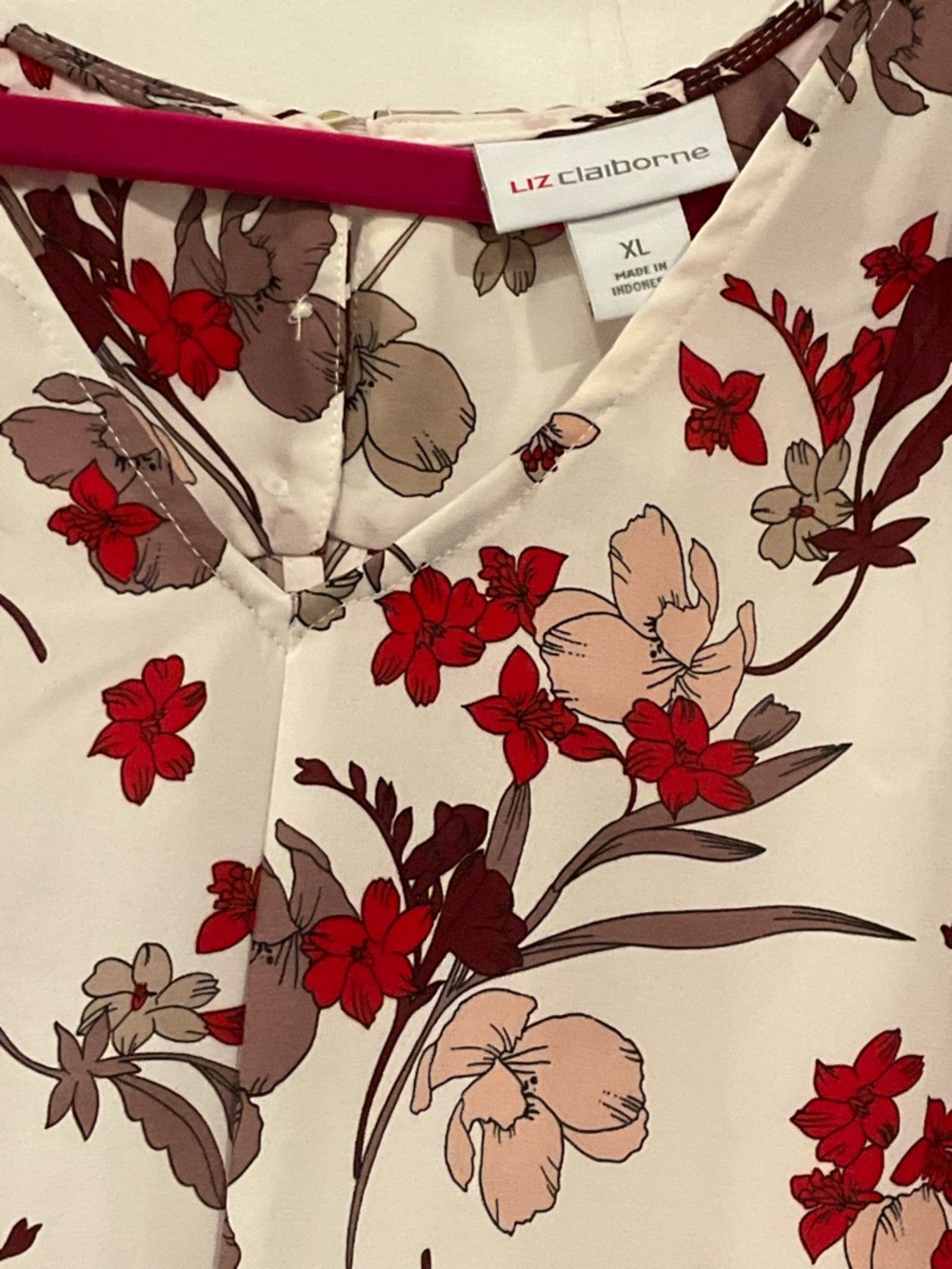 Women's Floral Short-Sleeve Blouse - Red & Taupe on Cream - Picture 3 of 6